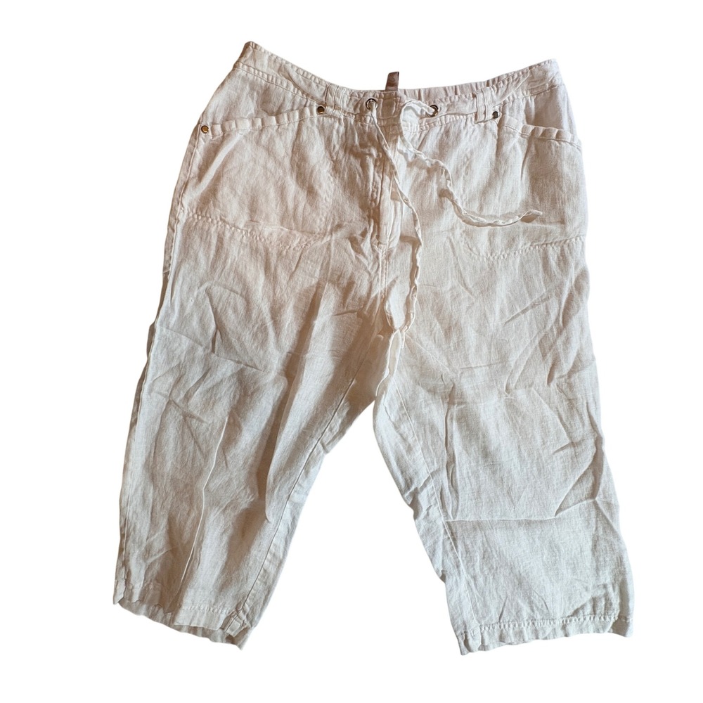 JM Collection Linen Cropped Pants Womens 14W White Relaxed Drawstring Capri